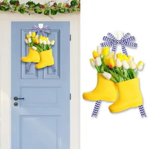 20 Pcs Spring DIY Rain Boot Wreath Front Door Hanging Artificial Flower Wreath with White and Yellow Tulips Wave Pattern Ribbon Rain Boot Wreath for Front Door Indoor Outdoor All Seasons
