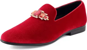 Amali Tiago- The Original Men's Faux Velvet Slip On Loafer with Jeweled Bit and Matching Piping - Mens Smoking Slip On Shoes - Formal Tuxedo Dress Shoe Loafers for Men