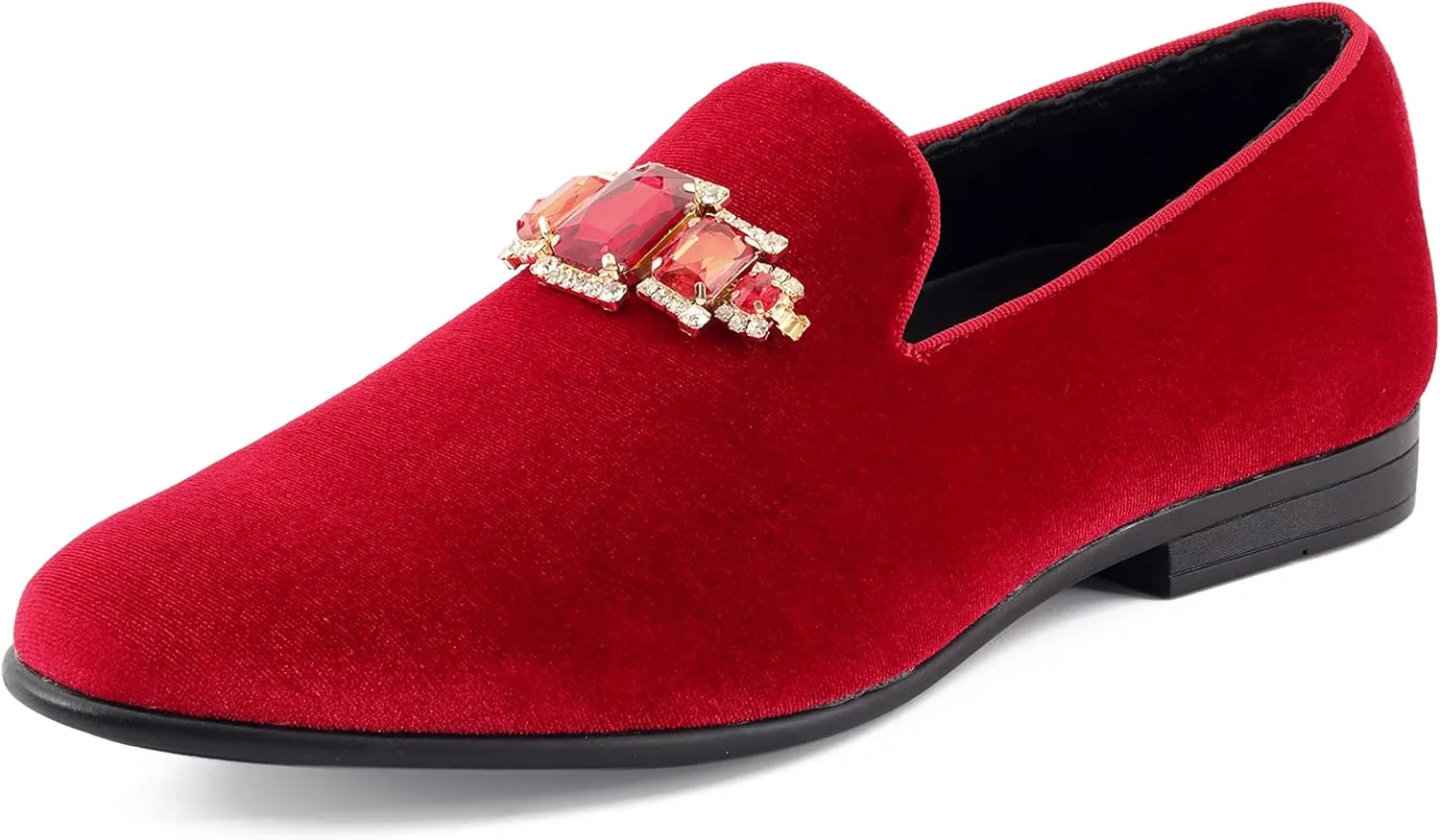 Amali Tiago- The Original Men's Faux Velvet Slip On Loafer with Jeweled Bit and Matching Piping - Mens Smoking Slip On Shoes - Formal Tuxedo Dress Shoe Loafers for Men