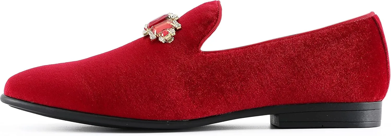 Amali Tiago- The Original Men's Faux Velvet Slip On Loafer with Jeweled Bit and Matching Piping - Mens Smoking Slip On Shoes - Formal Tuxedo Dress Shoe Loafers for Men