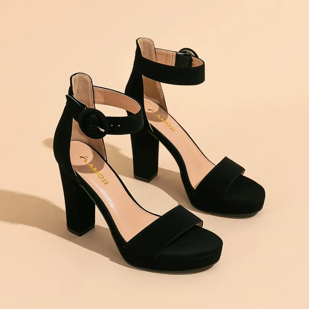Amoji Women's Chunky Platform Heels 4'' Bowknot Heeled Sandal Wedding With Ankle Strap 302F4