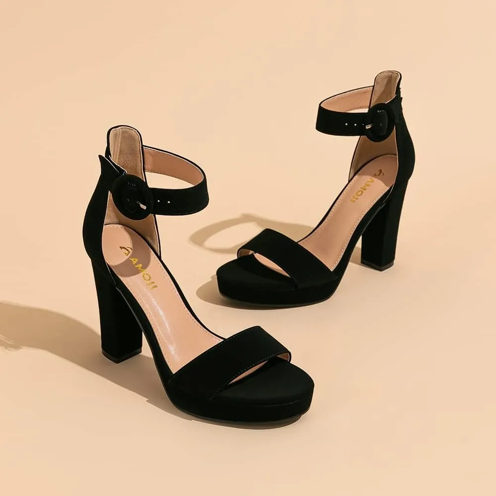 Amoji Women's Chunky Platform Heels 4'' Bowknot Heeled Sandal Wedding With Ankle Strap 302F4