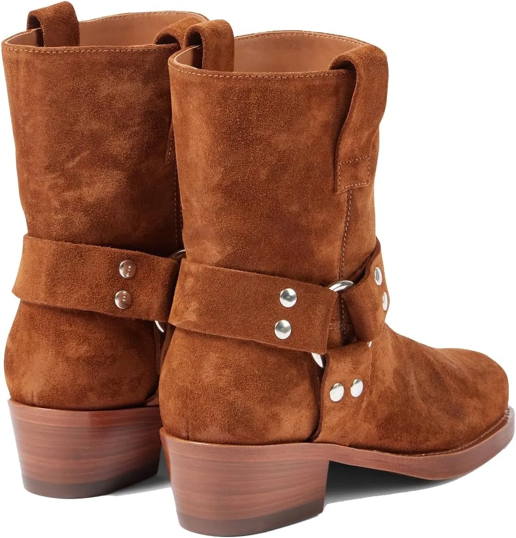 Arqa Suede Biker Boots for Women Square Toe Chunky Heel Studded Riding Ankle Boot Buckled Strap Motorcycle Booties