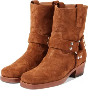 Arqa Suede Biker Boots for Women Square Toe Chunky Heel Studded Riding Ankle Boot Buckled Strap Motorcycle Booties