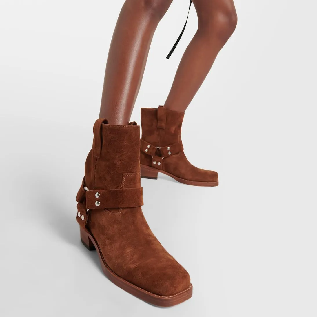 Arqa Suede Biker Boots for Women Square Toe Chunky Heel Studded Riding Ankle Boot Buckled Strap Motorcycle Booties
