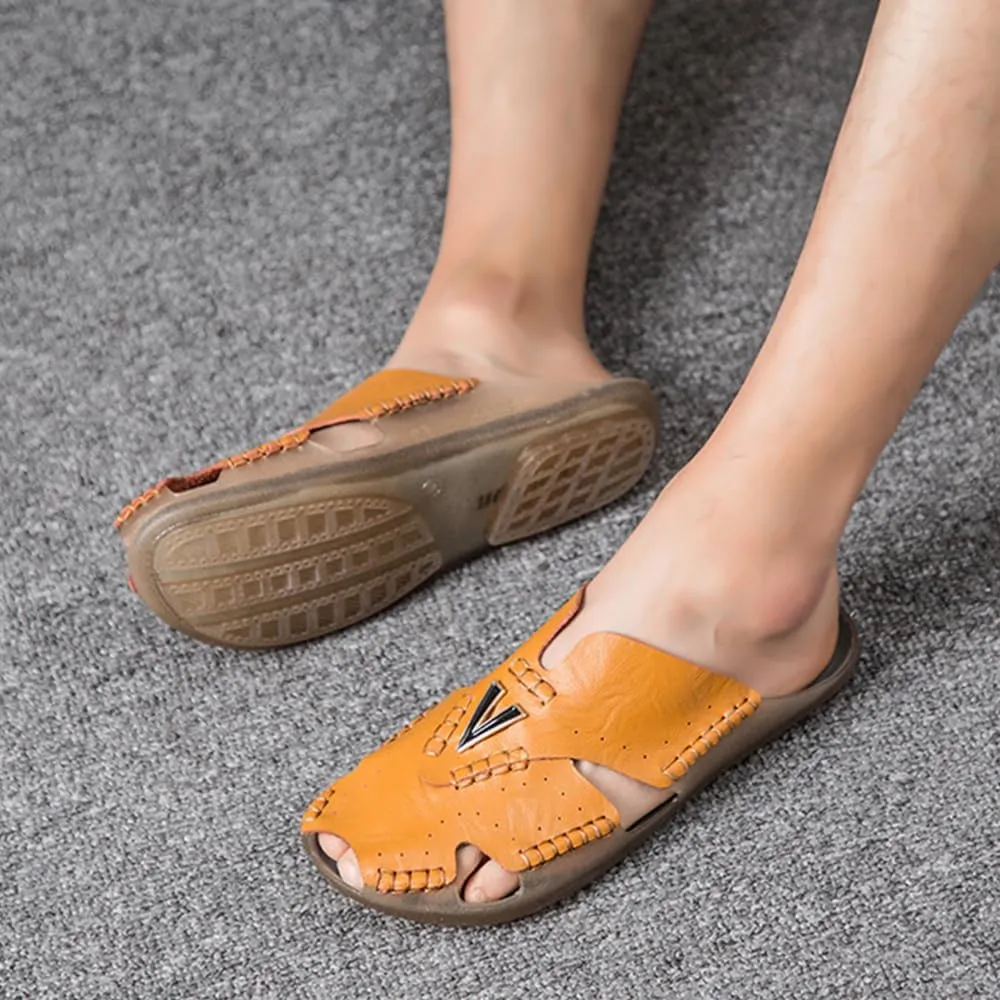Asifn Men's Slides Sandals Summer Outdoor Walking Leather Breathable Flip Flops Beach Soft Open Toe Casual Slipper