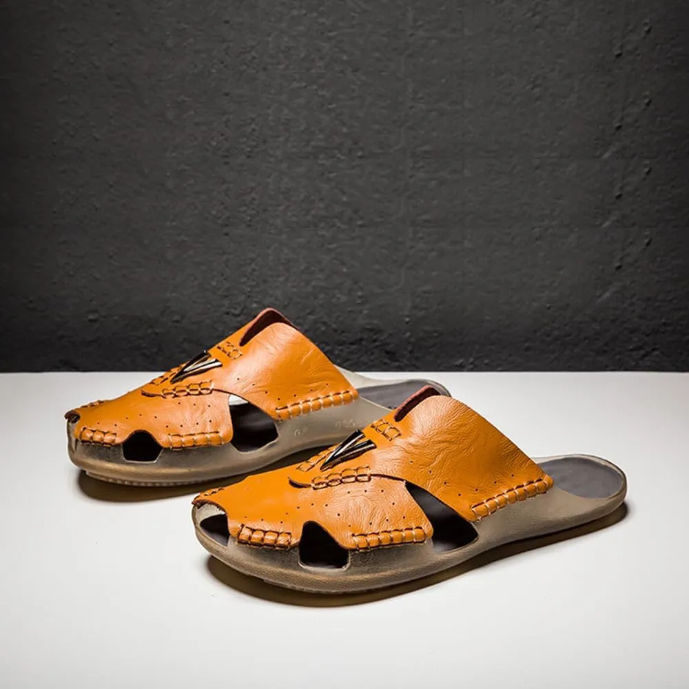 Asifn Men's Slides Sandals Summer Outdoor Walking Leather Breathable Flip Flops Beach Soft Open Toe Casual Slipper