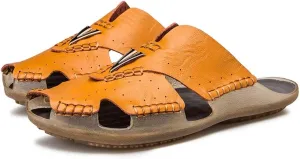 Asifn Men's Slides Sandals Summer Outdoor Walking Leather Breathable Flip Flops Beach Soft Open Toe Casual Slipper