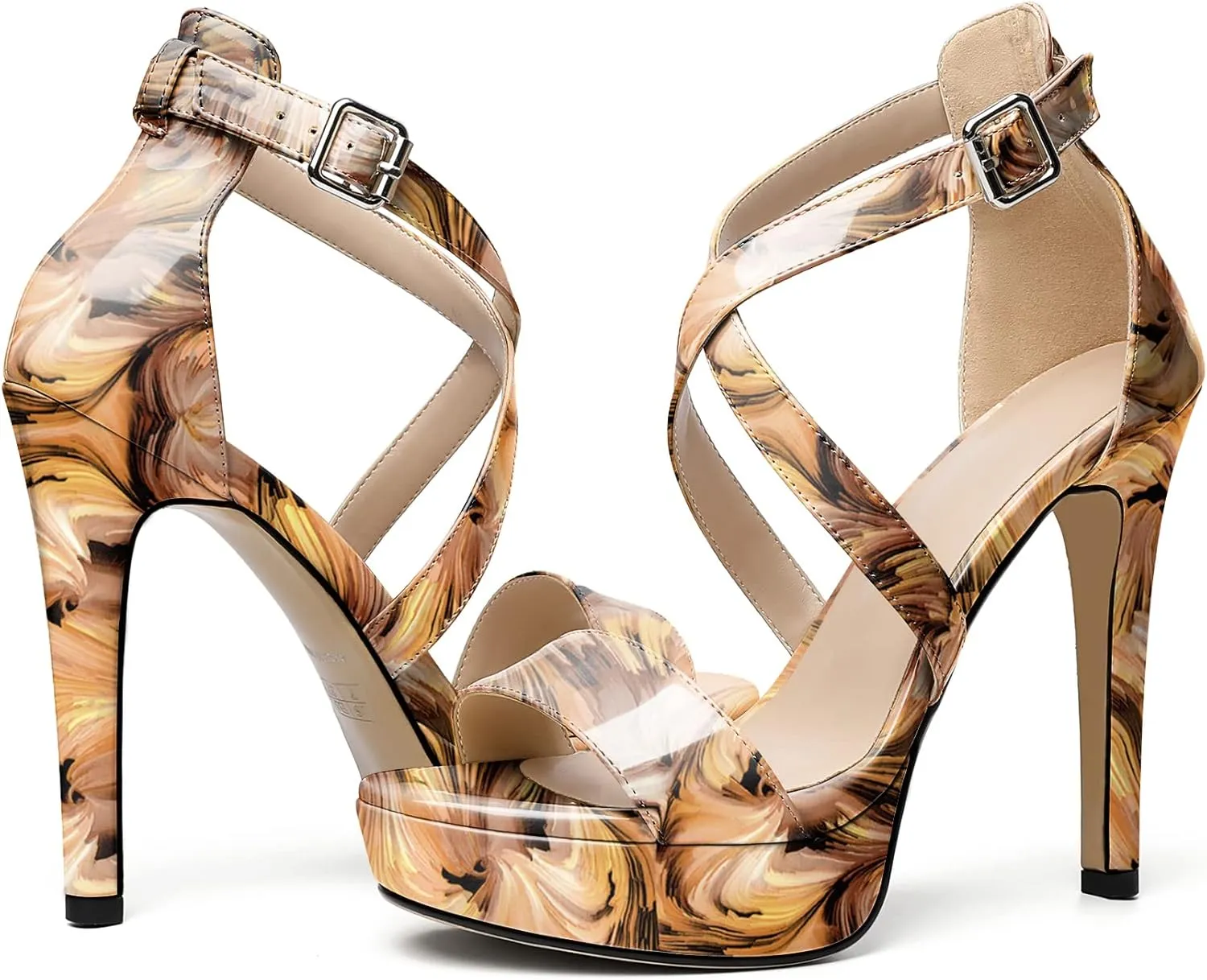 AUMOTED Women Cross Strappy Peep Open Toe Sandals Platform Ankle-Strap Stiletto High Heel Dress Shoes Wedding Patent 4.7 Inch Sandals