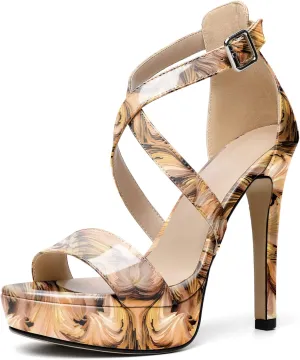 AUMOTED Women Cross Strappy Peep Open Toe Sandals Platform Ankle-Strap Stiletto High Heel Dress Shoes Wedding Patent 4.7 Inch Sandals