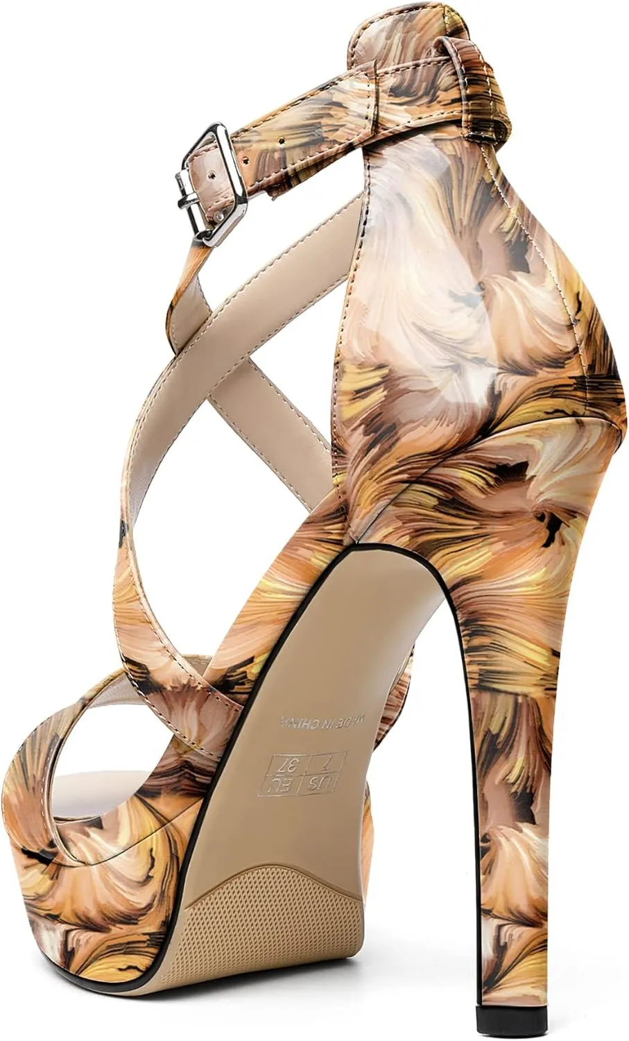 AUMOTED Women Cross Strappy Peep Open Toe Sandals Platform Ankle-Strap Stiletto High Heel Dress Shoes Wedding Patent 4.7 Inch Sandals
