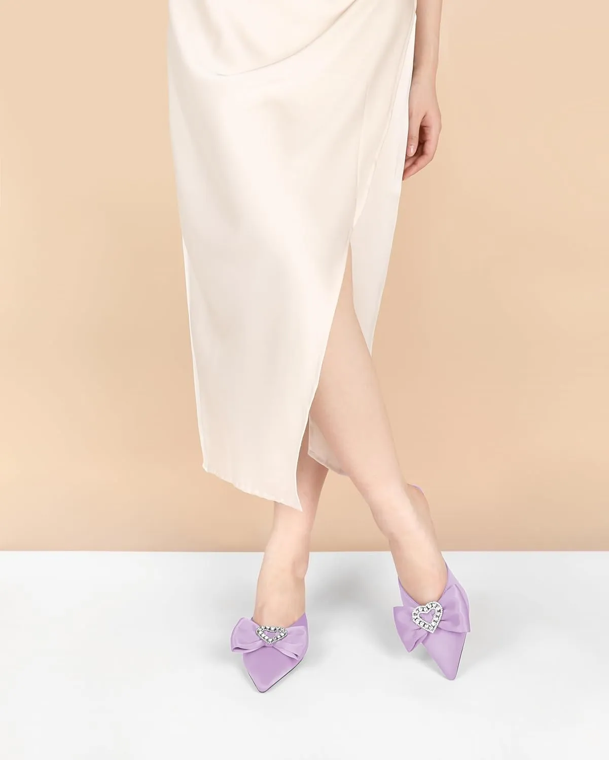 AUMOTED Women Kitten Heel Mules Rhinestone Bow Sandals Pointed Toe Heeled Mule Slip On Low Heels Slipper Glitter Mesh Wedding Bridal Shoes 2.5 Inch