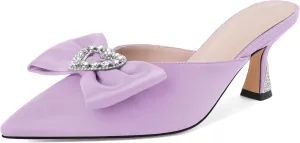AUMOTED Women Kitten Heel Mules Rhinestone Bow Sandals Pointed Toe Heeled Mule Slip On Low Heels Slipper Glitter Mesh Wedding Bridal Shoes 2.5 Inch