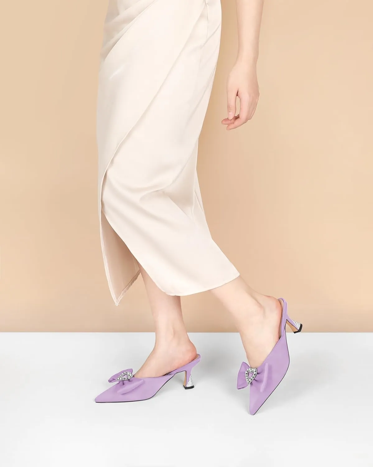 AUMOTED Women Kitten Heel Mules Rhinestone Bow Sandals Pointed Toe Heeled Mule Slip On Low Heels Slipper Glitter Mesh Wedding Bridal Shoes 2.5 Inch