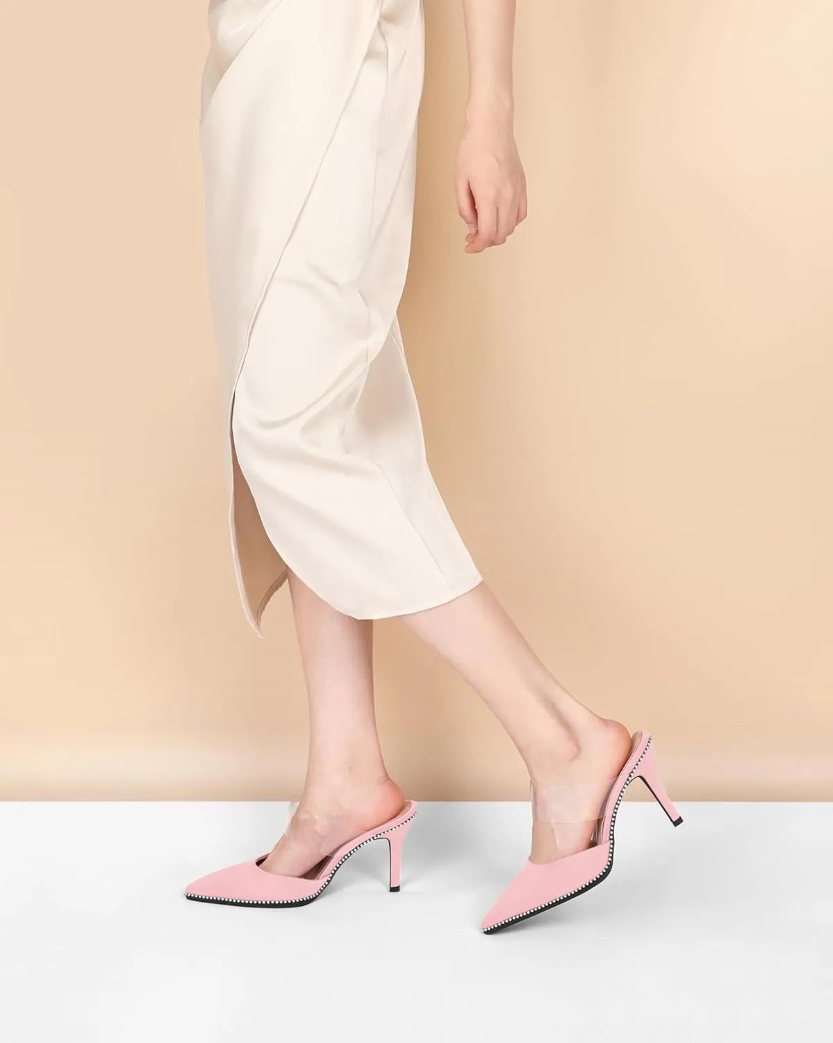 AUMOTED Women Stilettos High Heels Beaded Pumps Closed Pointed Toe Shoes Slip On 3.5 Inch Heeled Mules with PVC Official Business Shoes US Size 5-13