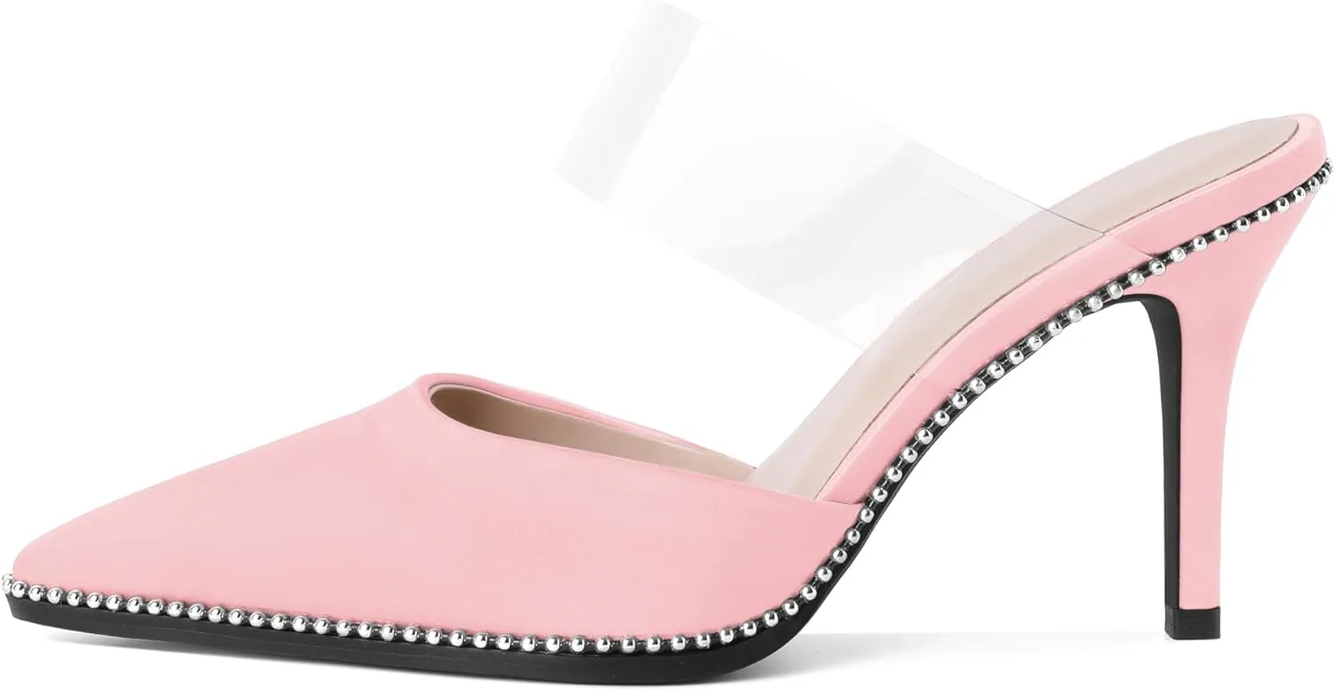 AUMOTED Women Stilettos High Heels Beaded Pumps Closed Pointed Toe Shoes Slip On 3.5 Inch Heeled Mules with PVC Official Business Shoes US Size 5-13