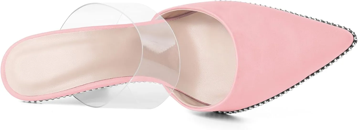 AUMOTED Women Stilettos High Heels Beaded Pumps Closed Pointed Toe Shoes Slip On 3.5 Inch Heeled Mules with PVC Official Business Shoes US Size 5-13
