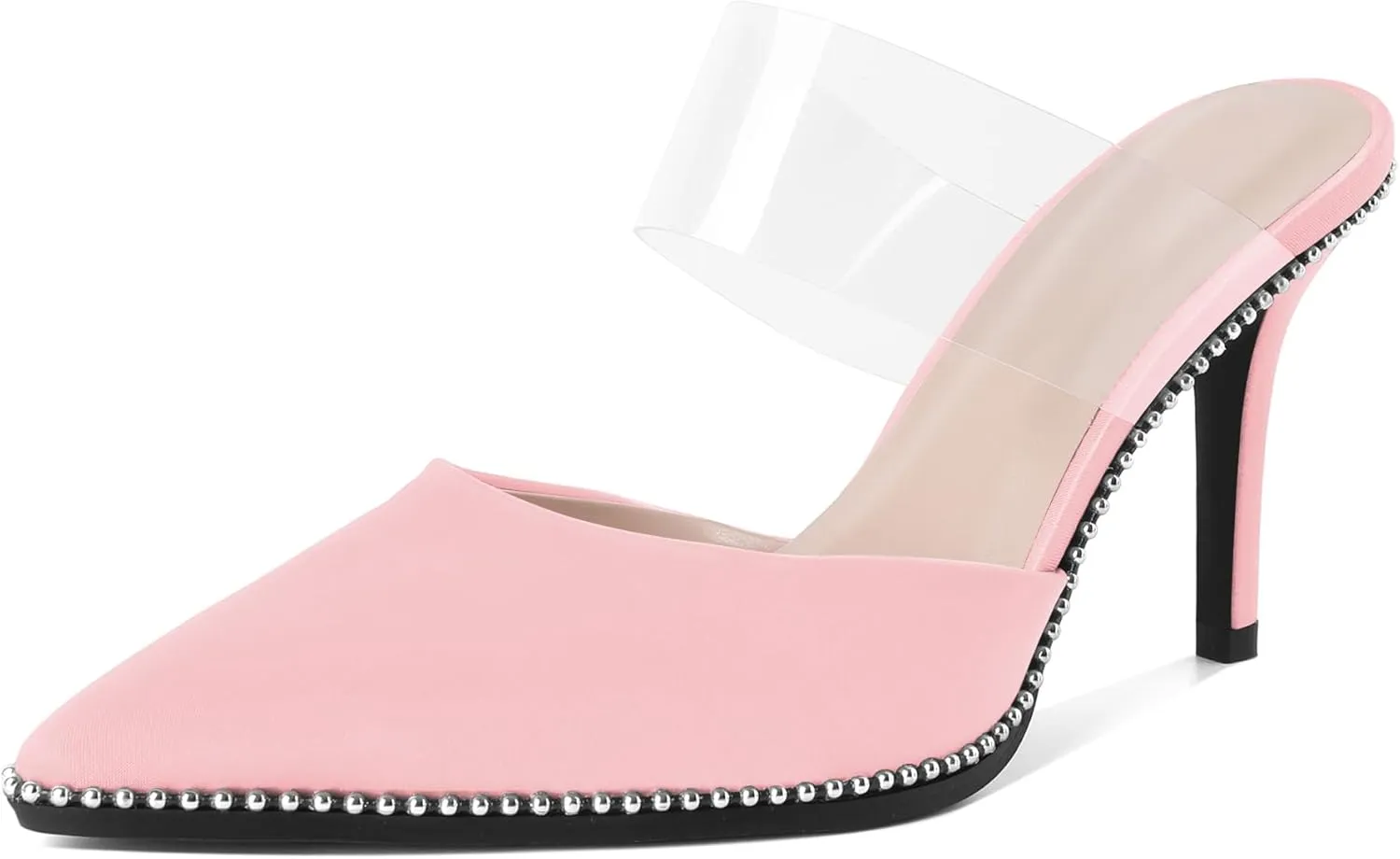 AUMOTED Women Stilettos High Heels Beaded Pumps Closed Pointed Toe Shoes Slip On 3.5 Inch Heeled Mules with PVC Official Business Shoes US Size 5-13