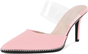 AUMOTED Women Stilettos High Heels Beaded Pumps Closed Pointed Toe Shoes Slip On 3.5 Inch Heeled Mules with PVC Official Business Shoes US Size 5-13