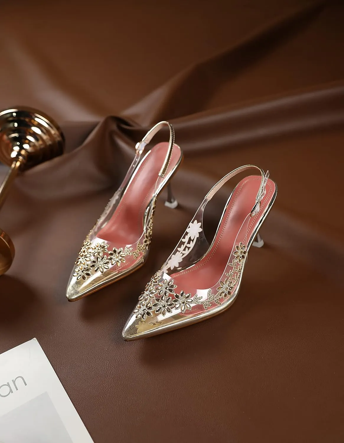AUMOTED Women's Clear Mule Sandals Pointed Toe Slingback Heels Rhinestone Heels Pumps Wedding Shoes