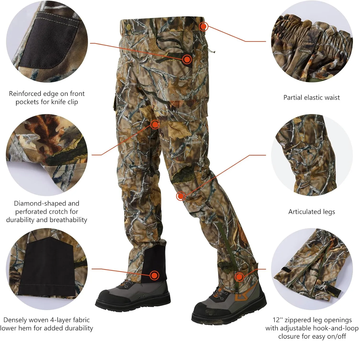 BASSDASH Walker Men’s Waterproof Breathable Hunting Pants with Silent Outer Fabric for Fishing Turkey Upland
