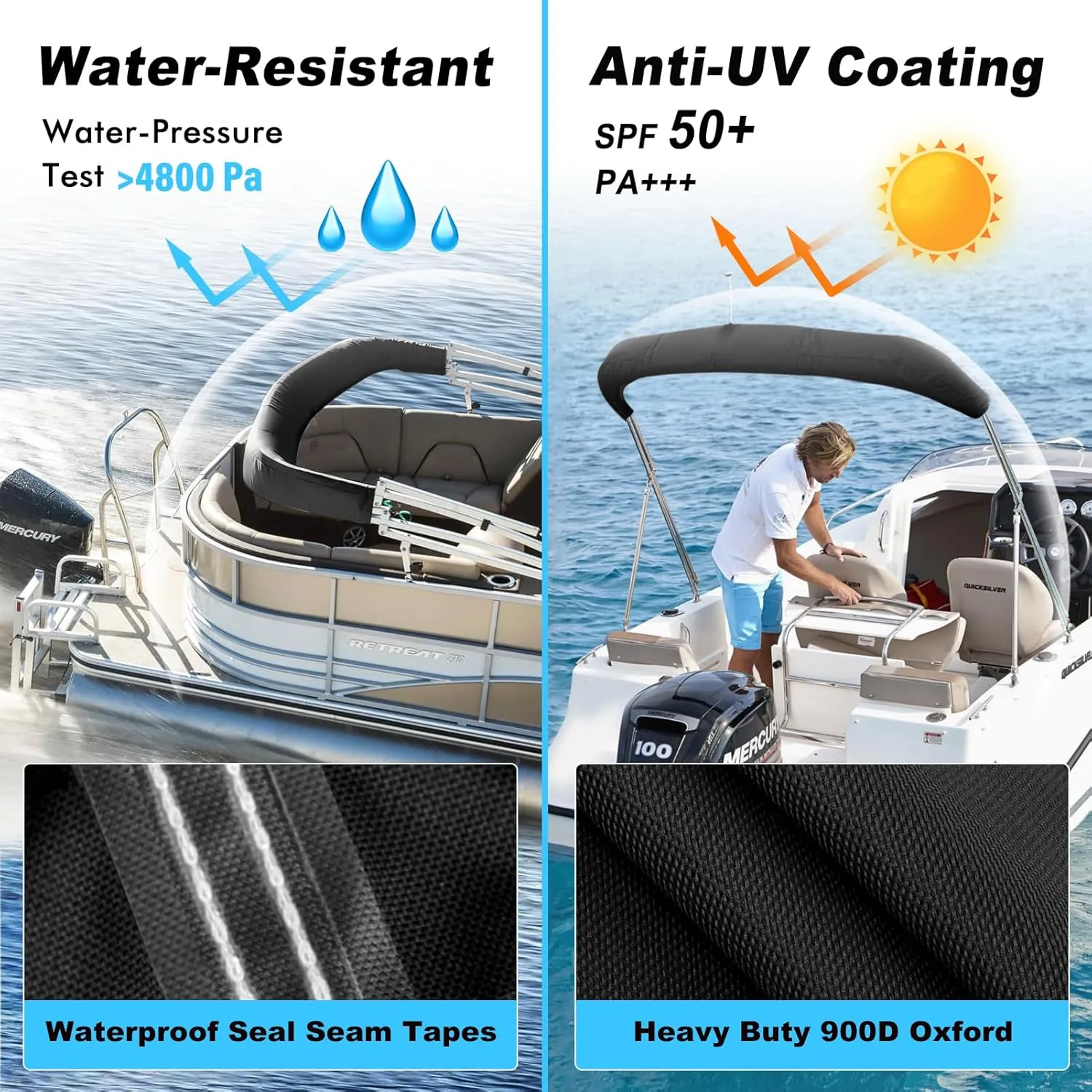Bimini Top Storage Boot Cover with Light Hole, 4 Bow 91"-96" W, Durable Heavy Duty Waterproof 900D Marine Grade, Pontoon Bimini Top Replacement Boot, Black