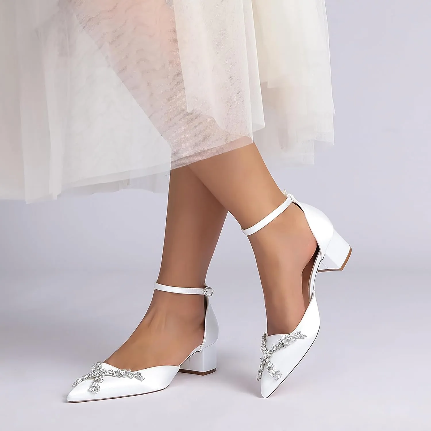 Bridal Shoes Block Heel Pointy Toe Wedding for Bride Sandals Heels for Women Elegant Closed Toe Pump Dressy Ankle Strap Prom Shoes