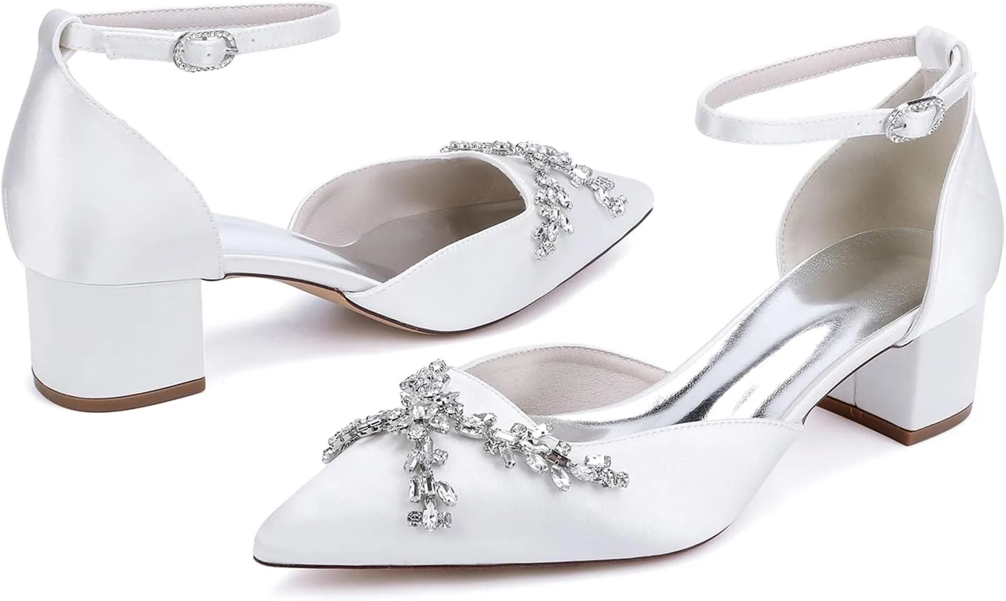 Bridal Shoes Block Heel Pointy Toe Wedding for Bride Sandals Heels for Women Elegant Closed Toe Pump Dressy Ankle Strap Prom Shoes