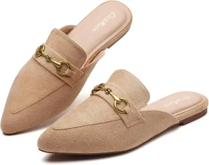 Buckle Mules for Women Pointed Toe Backless Flat Mules Slip on Slides Loafer Shoes