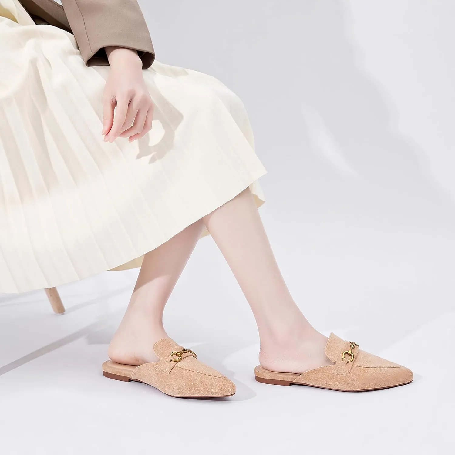 Buckle Mules for Women Pointed Toe Backless Flat Mules Slip on Slides Loafer Shoes