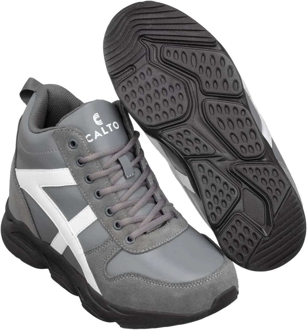 CALTO Men's Invisible Height Increasing Elevator Shoes - Grey/White Lace-up High-Top Hiking Style Sneaker Boots - 3.6 Inches Taller - S22781 - Size 8 D(M) US