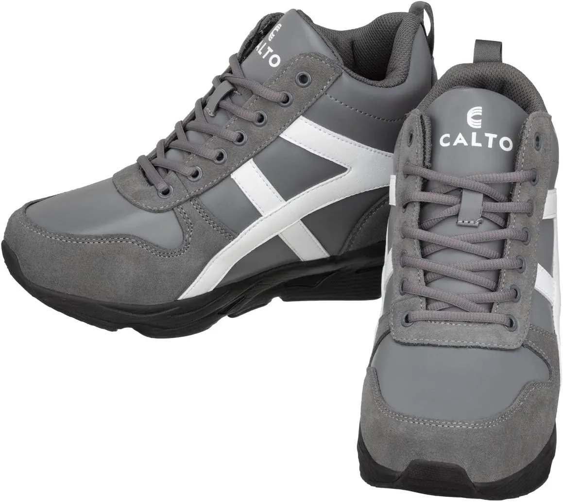 CALTO Men's Invisible Height Increasing Elevator Shoes - Grey/White Lace-up High-Top Hiking Style Sneaker Boots - 3.6 Inches Taller - S22781 - Size 8 D(M) US