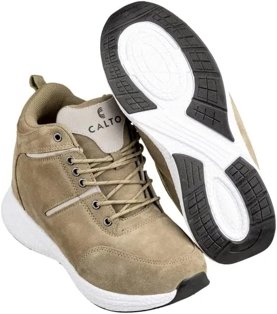 CALTO Men's Invisible Height Increasing Elevator Shoes - Khaki/Grey Fashion High-Top Tech Sneakers - 3.6 Inches Taller - S22819- Size 12 D(M) US