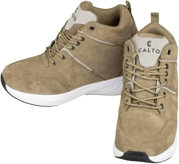 CALTO Men's Invisible Height Increasing Elevator Shoes - Khaki/Grey Fashion High-Top Tech Sneakers - 3.6 Inches Taller - S22819- Size 12 D(M) US