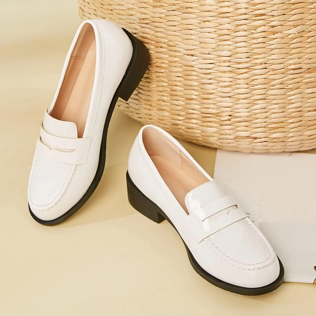 Caradise Women's Patent Leather Loafers Block Heel Slip On Casual Shoes