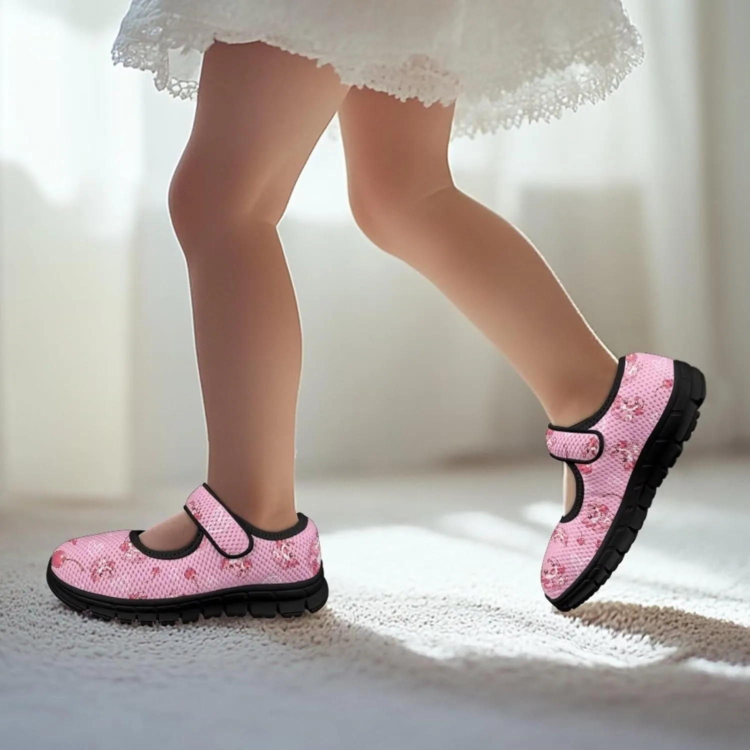 Children's Cartoon Single Buckle Sneaker,Girls Comfort Breathable Mesh Casual Shoes,Low-top Flat Shoes,Black Sole