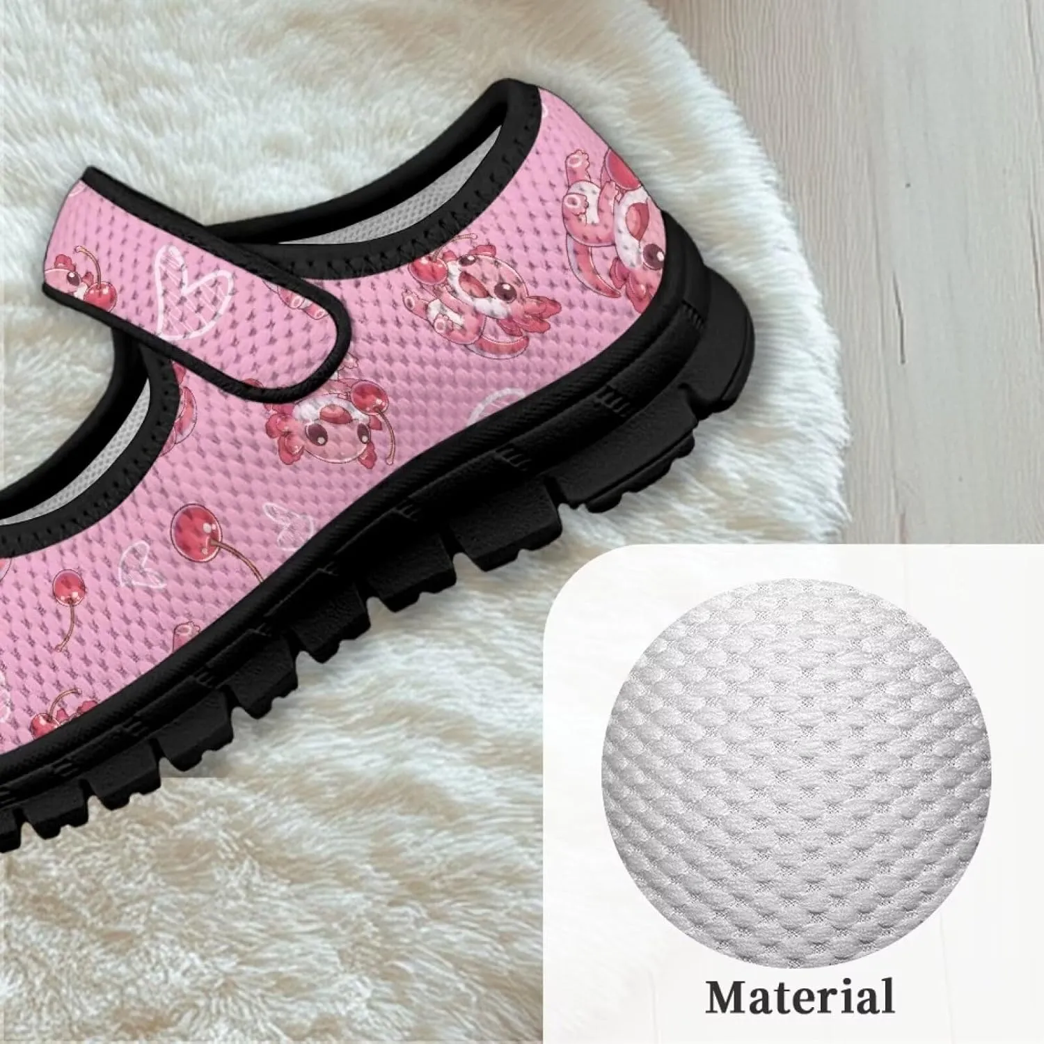Children's Cartoon Single Buckle Sneaker,Girls Comfort Breathable Mesh Casual Shoes,Low-top Flat Shoes,Black Sole