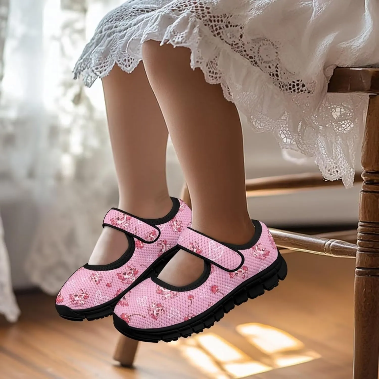 Children's Cartoon Single Buckle Sneaker,Girls Comfort Breathable Mesh Casual Shoes,Low-top Flat Shoes,Black Sole