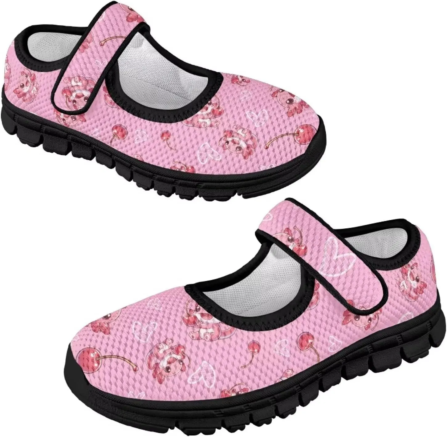 Children's Cartoon Single Buckle Sneaker,Girls Comfort Breathable Mesh Casual Shoes,Low-top Flat Shoes,Black Sole