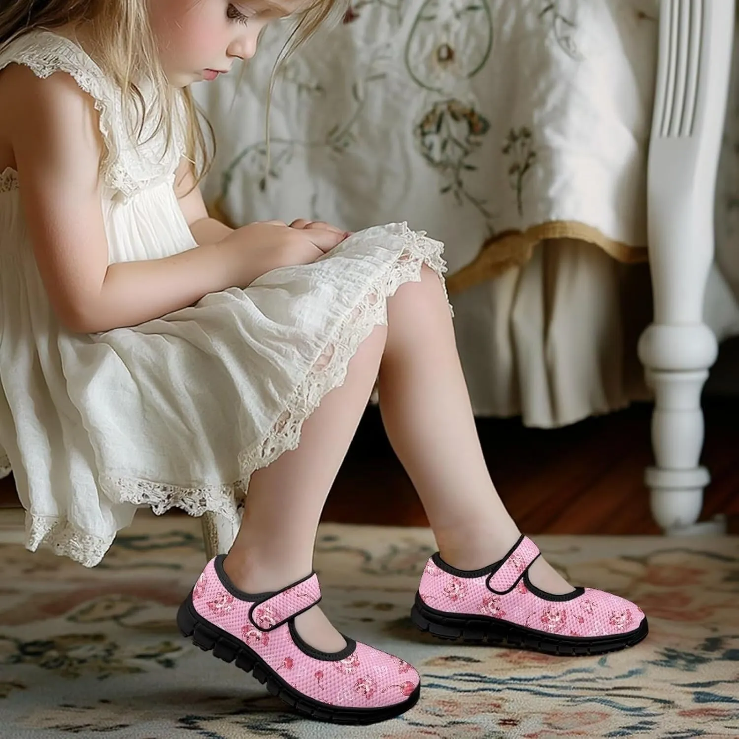 Children's Cartoon Single Buckle Sneaker,Girls Comfort Breathable Mesh Casual Shoes,Low-top Flat Shoes,Black Sole