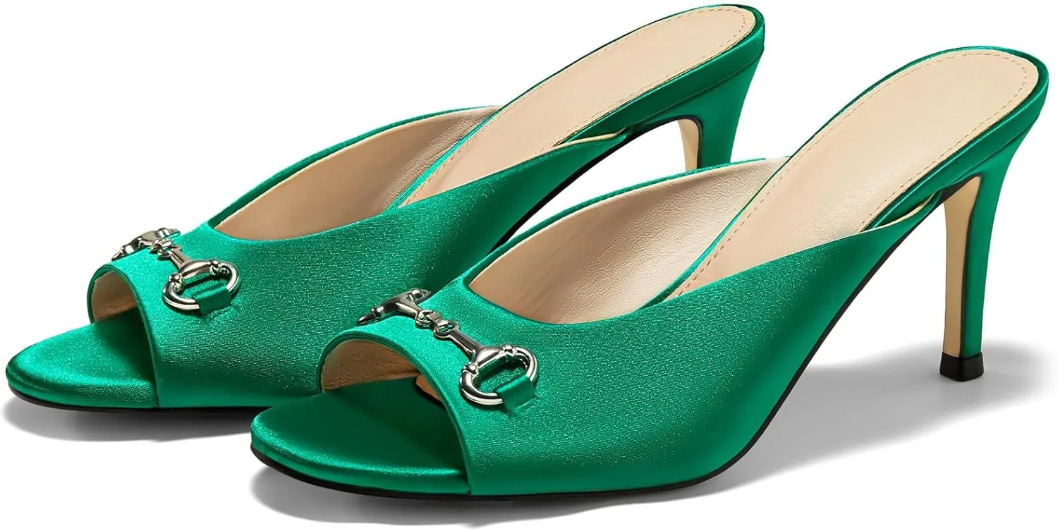 Coutgo Womens Heeled Mules Peep Toe High Heels Backless Dress Shoes Summer Slide Sandals with Metal Chain