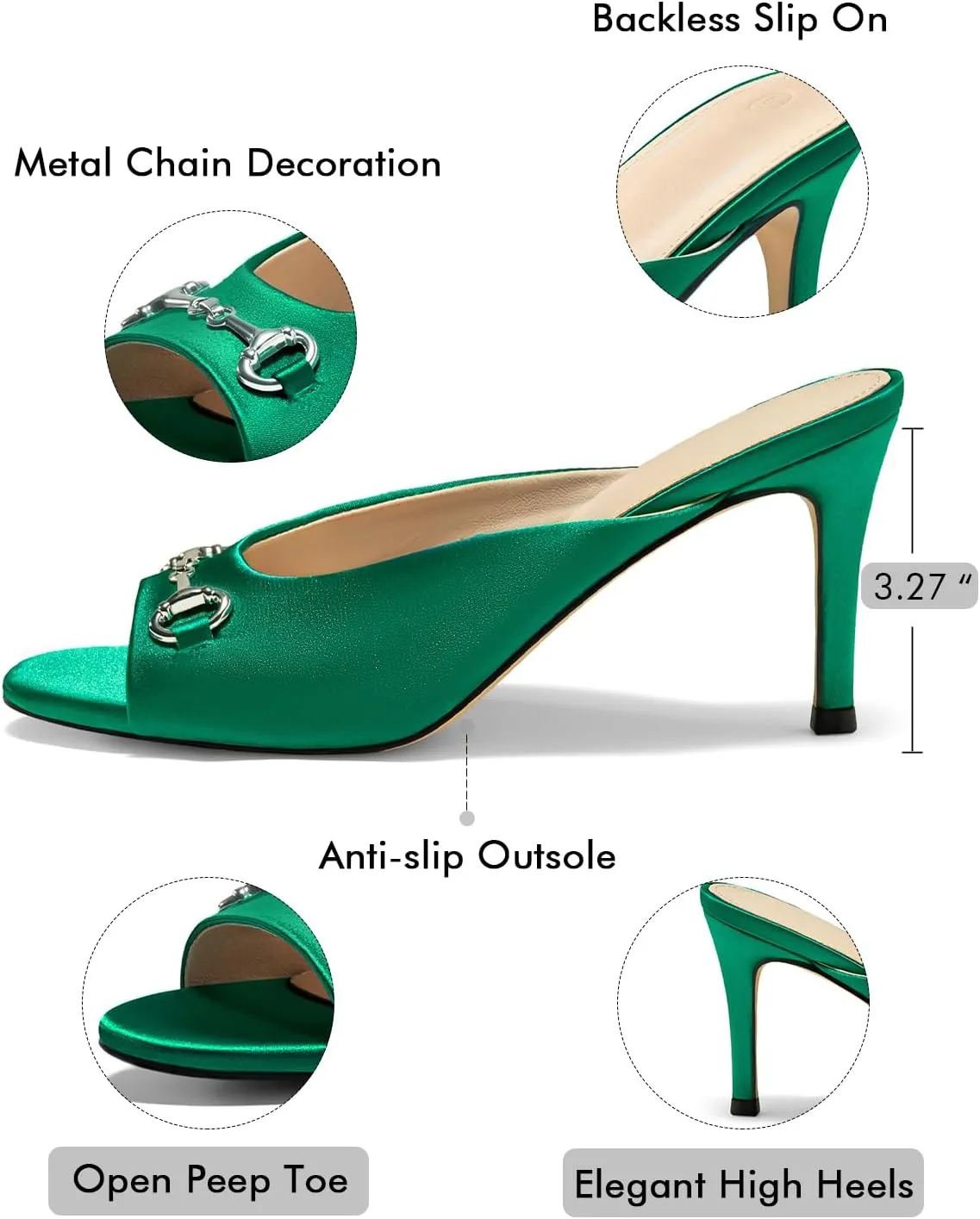Coutgo Womens Heeled Mules Peep Toe High Heels Backless Dress Shoes Summer Slide Sandals with Metal Chain