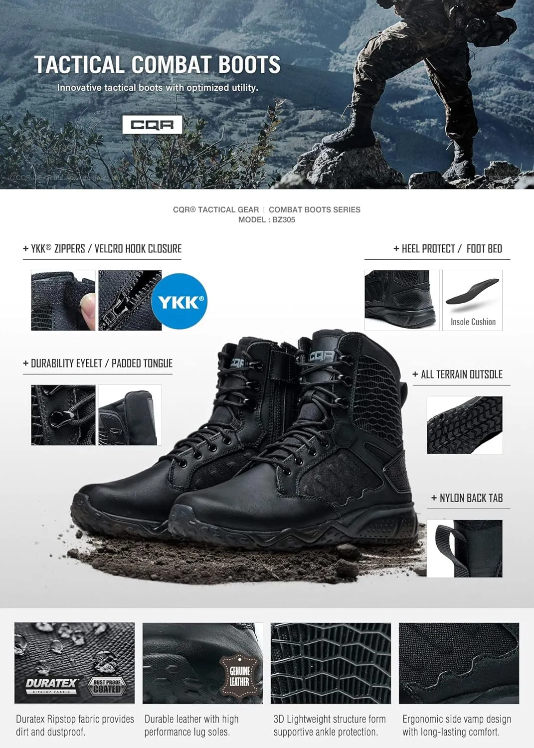 CQR Men's Military Tactical Boots, Lightweight 6 Inches Hiking Combat Boot Durable Breathable Outdoor Work Motorcycle Footwear