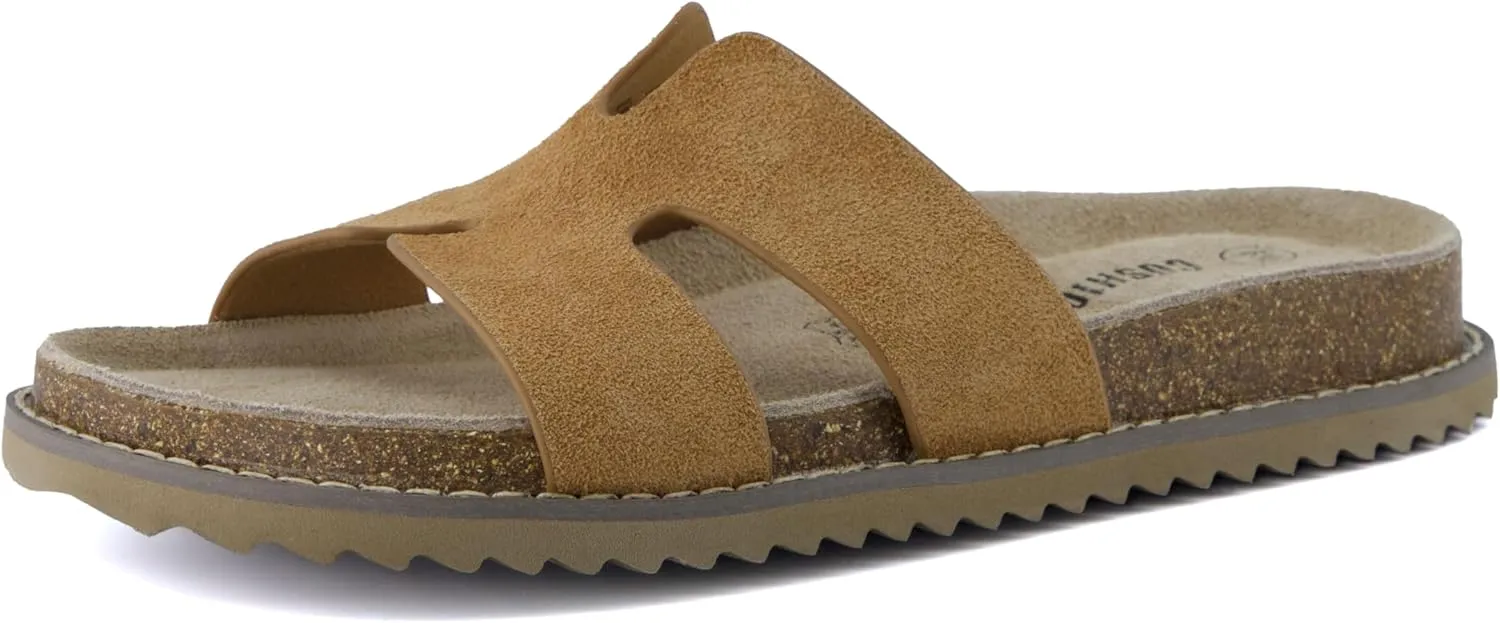 CUSHIONAIRE Wisdom Womens Sandals Cutout Strap Genuine Leather Slides – Slip On Cork Footbed Sandals for Women 2025