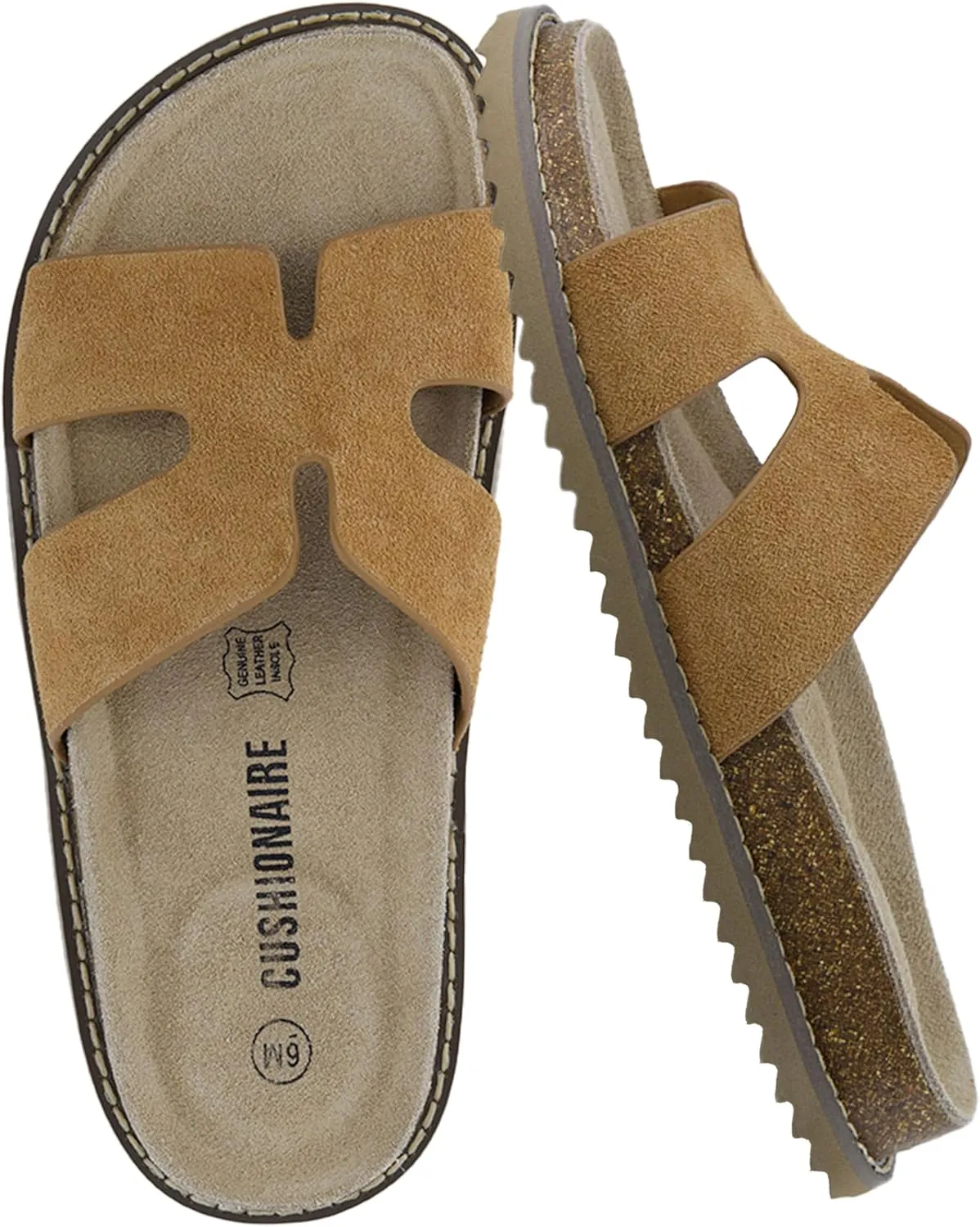 CUSHIONAIRE Wisdom Womens Sandals Cutout Strap Genuine Leather Slides – Slip On Cork Footbed Sandals for Women 2025