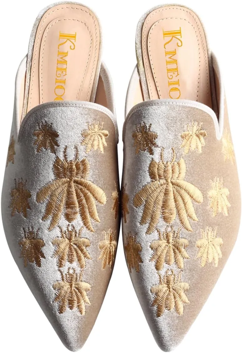 Divanne Loafers for Women, Womens Embroidery Mule Shoes Velvet Backless Slip On Loafers Pointed Toe Flat Mule Slides