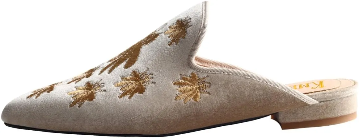 Divanne Loafers for Women, Womens Embroidery Mule Shoes Velvet Backless Slip On Loafers Pointed Toe Flat Mule Slides