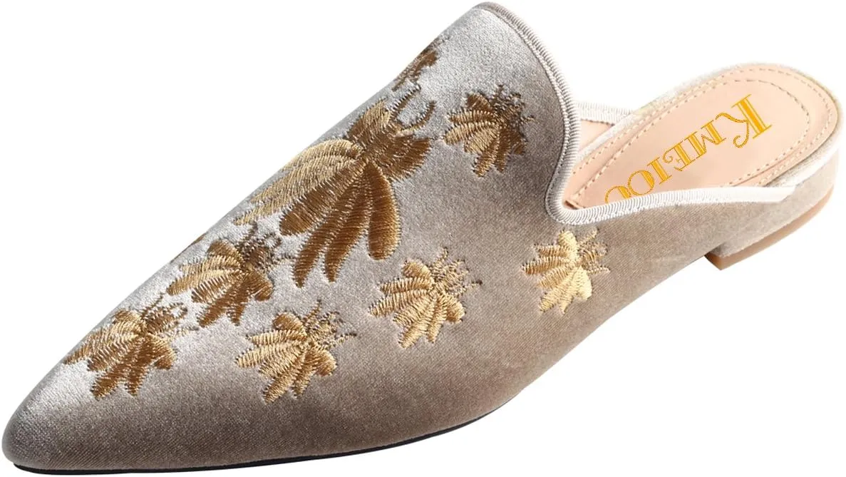 Divanne Loafers for Women, Womens Embroidery Mule Shoes Velvet Backless Slip On Loafers Pointed Toe Flat Mule Slides