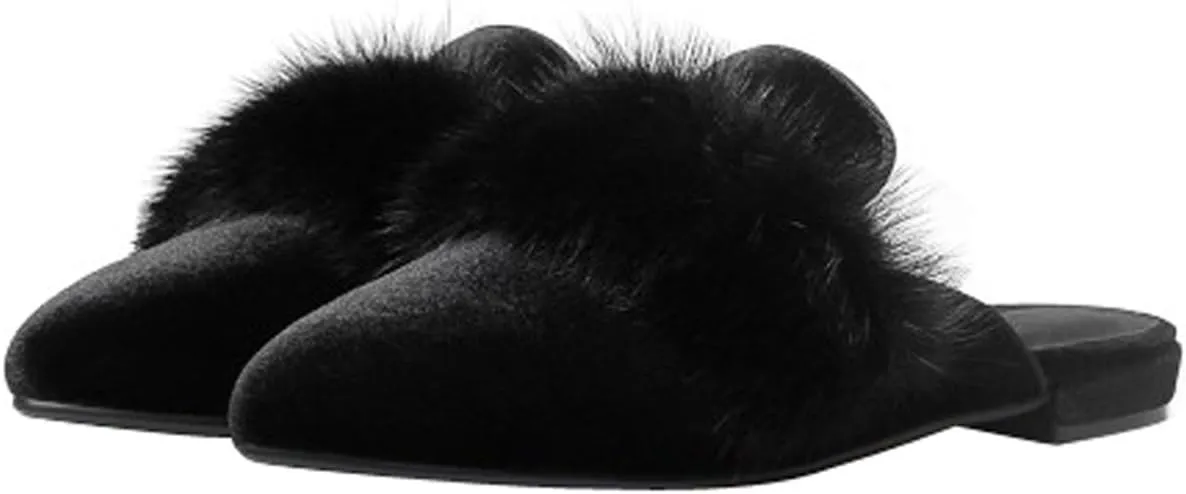 Divanne Loafers for Women, Womens Embroidery Mule Shoes Velvet Backless Slip On Loafers Pointed Toe Flat Mule Slides