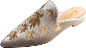 Divanne Loafers for Women, Womens Embroidery Mule Shoes Velvet Backless Slip On Loafers Pointed Toe Flat Mule Slides